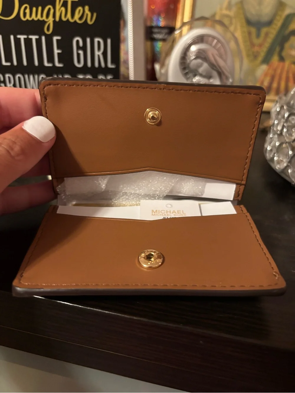 Michael Kors Tan Leather Snap Card Holder with Gold Hardware